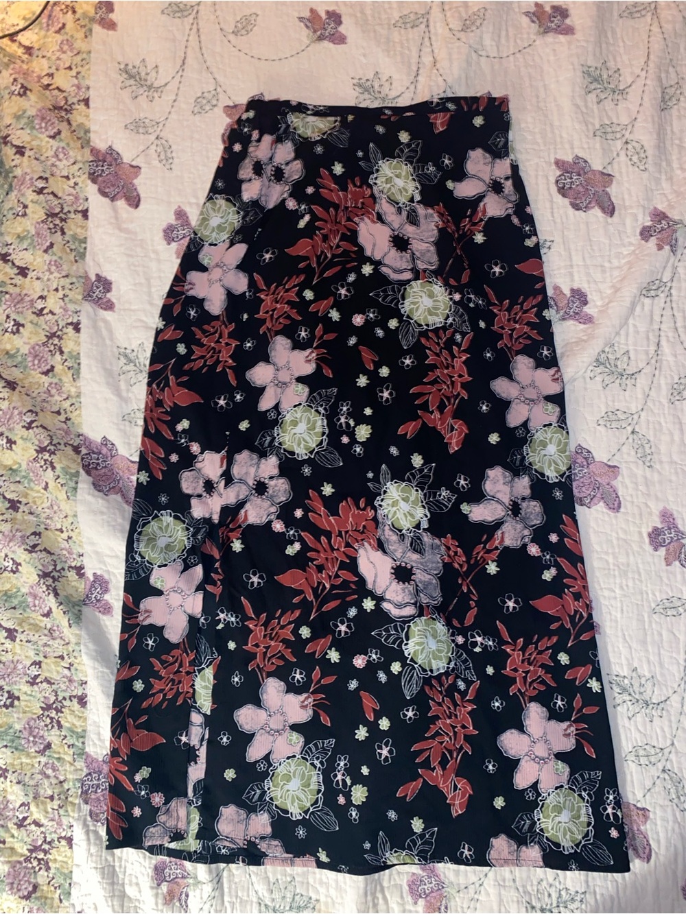 Black Midi Skirt with Pink, Red & Green Floral Print